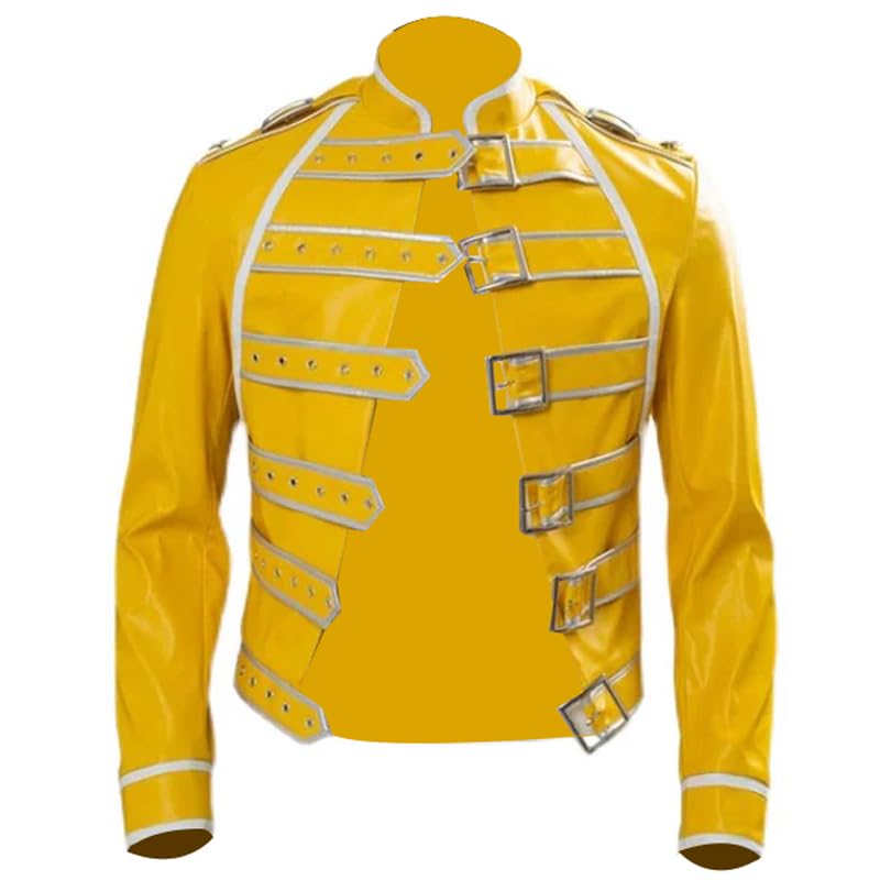 Mens 80s Band Attire Rock Costume Yellow Leather Jacket Mens Singer Costume Halloween Carnival Party Cosplay Outfits (Only Jacket L)