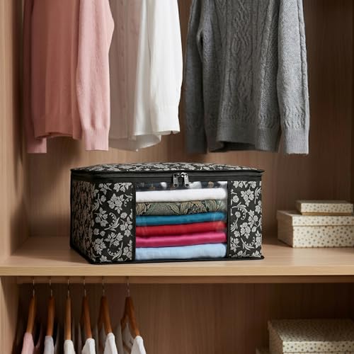 Image of Flower Printed Saree Cover for Storage & Wardrobe with Transparent Window & Zipper Closure | Cloth Organizer | Dustproof, Breathable Wardrobe Organizer for Travel & Home | Black Pack of 5