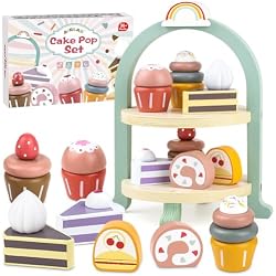 Wooden Cake Toys Tea Party Set, Desserts Food Toy with Cupcake Stand, Kids Pretend Play Kitchen Accessories, Wooden Play Food Set Toy Baking Gift for 3 4 5 Years Old Girls Boys