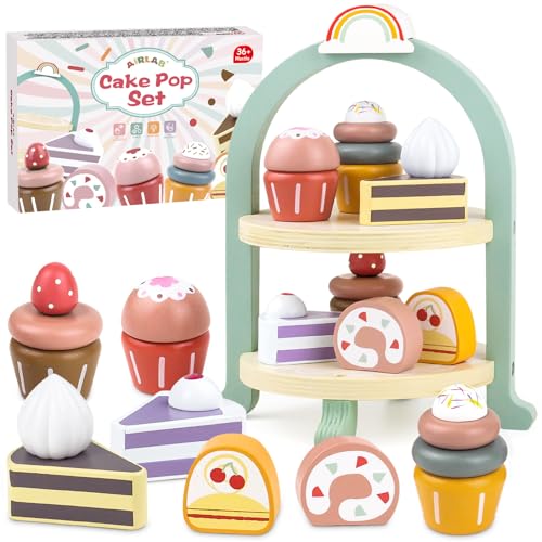 Airlab Wooden Kitchen Toys for Kid, Wooden Cake Dessert Set with Cupcakes and Cake Stand, Play Food for Children Kitchen Accessories, Afternoon Tea Party for Toddlers Role Play Picnic Toy for Girl Boy