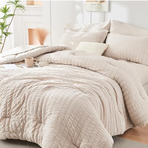 Image of HYMOKEGE Beige Twin XL Comforter Set Seersucker 5 Pieces, All Season Luxury Bed in a Bag for Bedroom, Bedding Set with Comforter, Sheets, Pillowcase & Sham