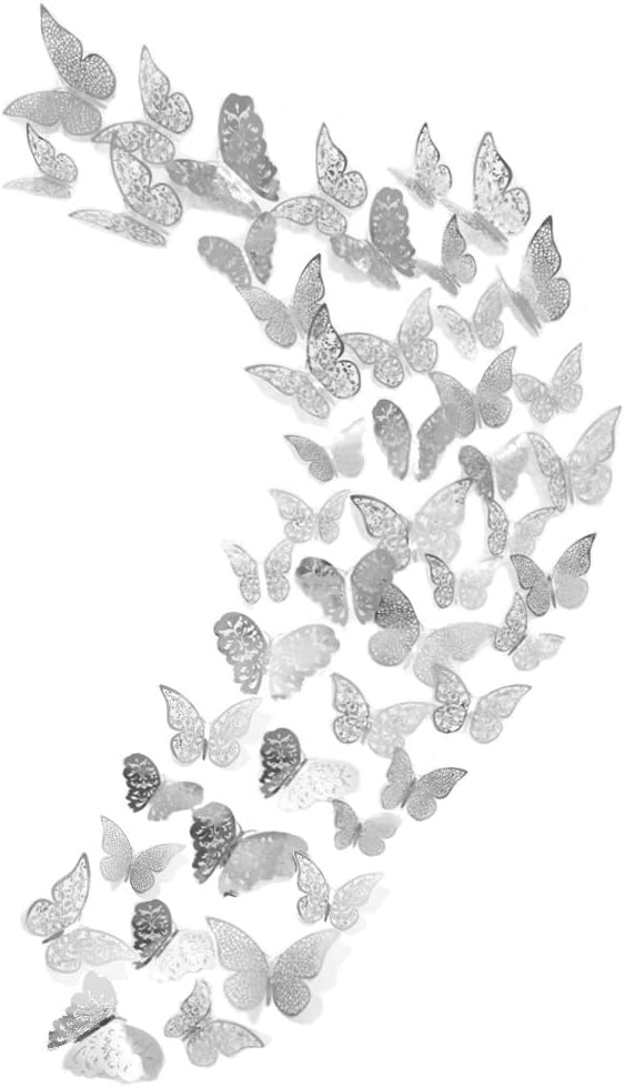 48Pcs Butterfly Decorations, Creatiee 3D Wall Decals|Metallic Art Sticker, DIY/Handmade/Removable/Pressure Resistance Paper Murals Gift for Home Kids Bedroom Nursey Party Décor (Silver)