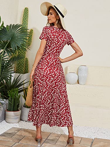 Image of HUHOT Women's Short Sleeve Wrap V Neck Dresses for Wedding Guest Summer Floral Maxi Sundresses with Pockets Boho Dress
