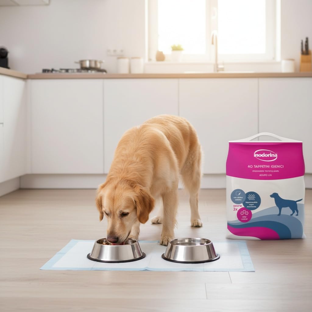 Inodorina Tappetini igienici per Cani (60x90 cm, 40 Pezzi, Senza Profumo) – Traversine profumate Super assorbenti in Pura cellulosa Vergine – con polimeri Odor Control e Sticker Antiscivolo