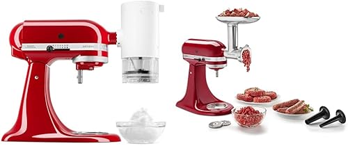 KitchenAid Accesorio de hielo para afeitar, KSMSIA, blanco y KSMMGA accesorio de molinillo de alimentos de metal, plateado