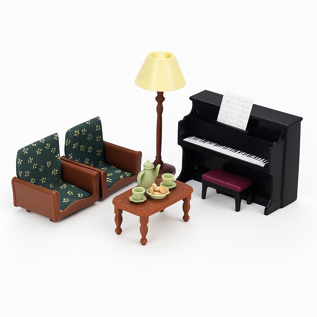 Family Dollhouse Living Room Set — Piano with Bench & Sheet Music, Two Armchairs, Coffee…