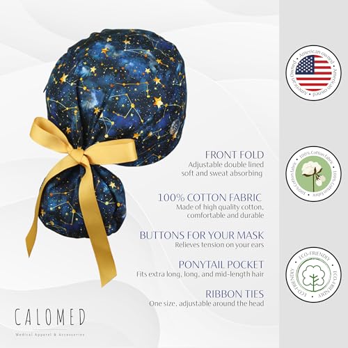 Image of Scrub Cap for Women and Men, Ponytail Scrub Caps, Working Hat, Head Cover with Ribbon Ties and Buttons, Long Hair