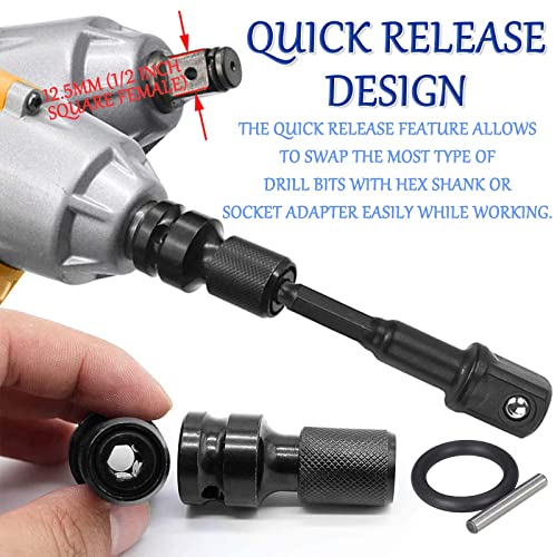 4Pcs Square Drive Sockets - Quick Release Change 1/2-Inch Square Drive To 1/4-Inch Hex Female Screwdriver Drill Bit Socket Converter Chuck Adapters For Air And Electric Impact Wrenches #TOP4