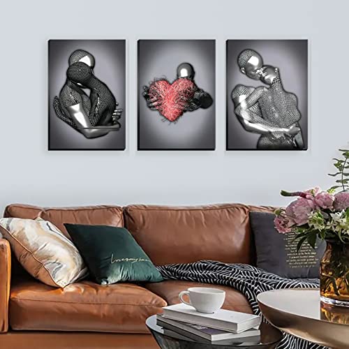 Canvas Wall Art For Bedroom Framed 3D Metal Sculpture Effect Love Heart Wall Art Decor For Living Room Couple Modern Abstract Poster Artwork Pictures Paintings For Home Hotel #TOP4
