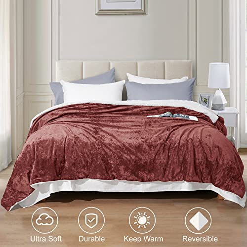 Phf Sherpa Fleece Blanket Queen Size, Luxurious Truly Velvet Flannel Blanket Plush Warm Soft For Bed, Couch, Chair, Sofa Suitable For Fall Winter And Spring, 90" X 90", Rust Red/Burgundy #TOP2