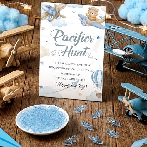 Image of Thyle 51 Pcs Airplane Pacifier Hunt Baby Shower Games Include Hunt Sign and 50 Acrylic Pacifiers for Adventure Await Baby Shower Game Decoration Sets Gender Reveal Newborn Announcement Party Decor