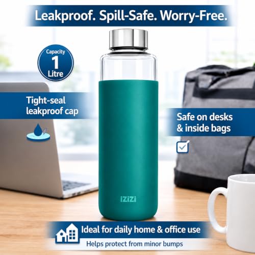 Image of Borosilicate Glass Water Bottle with Silicone Cover | 1 Litre 1000ml | Thermal Shock Resistant | Leakproof Steel Cap | BPA Free | Home Office Gym Fridge