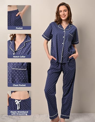 Image of NAP BOUND 100% Cotton Women's Pajama Sets Short Sleeve Button Down Soft Pjs 2 Piece Lounge Set with Pocket Nightwear XS-XXL