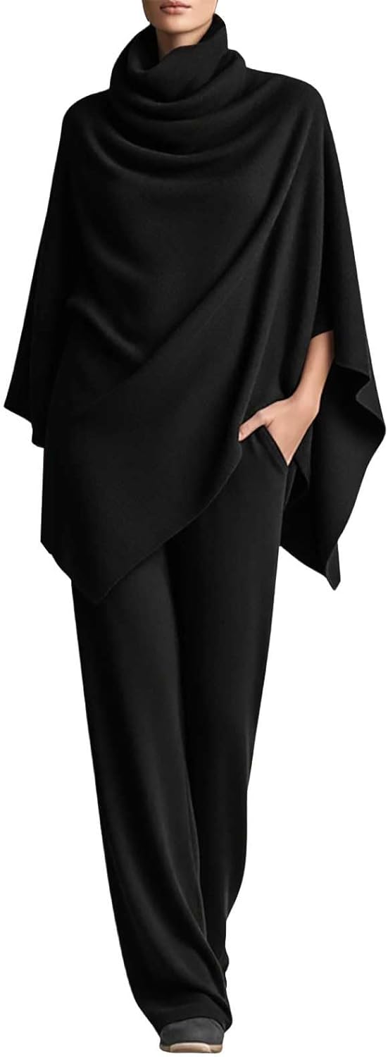 Oplxuo Women's 2 Piece Sets Turtleneck Shawl Batwing Cape Poncho Top and Wide Leg Pants Elegant Drape Outfits for Travel