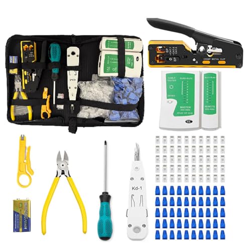 RJ45 Netzwerk Werkzeug Set, Pass Through RJ45 Crimpzange Set für RJ45 Cat5 Cat6 mit Netzwerktester, Schraubenzieher, 50 x LAN Kabel Stecker, Abisolierzange, RJ45/RJ11/RJ12 Netzwerk Reparatur Kit