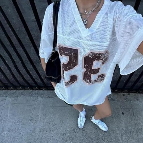 Oversized Number Letter Graphic Mesh T-Shirt for Women Vintage V-Neck Jersey Tops Y2k Short Sleeve Football Tee (Brown,Large) — view 3