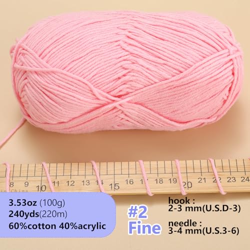 Image of LUCKY BALL Milk Cotton Yarn, 100g / 240 yd 60% Cotton 40% Acrylic #2 Fine Sport Yarn, Soft Crochet & Knitting Yarn for Amigurumi Dolls, Baby Items, Flowers, Hats, Sweaters, Blankets (Pink)