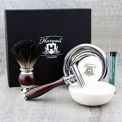 Set da 4 pezzi di rasatura in stile antico, con rasoio puro, rasoio, rasoio e sapone Haryali London Premium + panno in alluminio, perfetto per la rasatura a umido