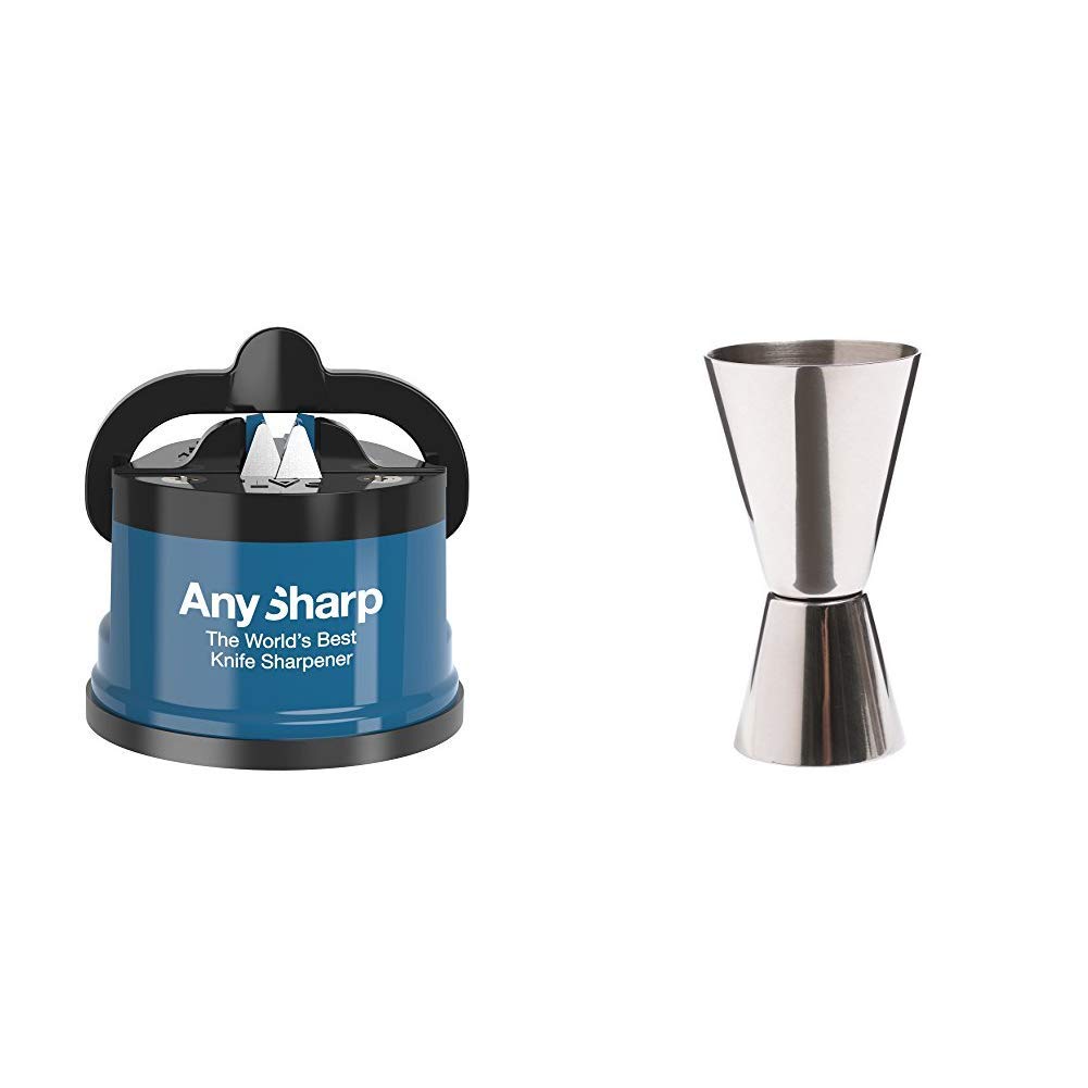 AnySharpKnife Sharpener with PowerGrip, Blue & BarCraft Cocktail Jigger Dual Spirit Measure Cup, Stainless Steel, 25ml/50ml