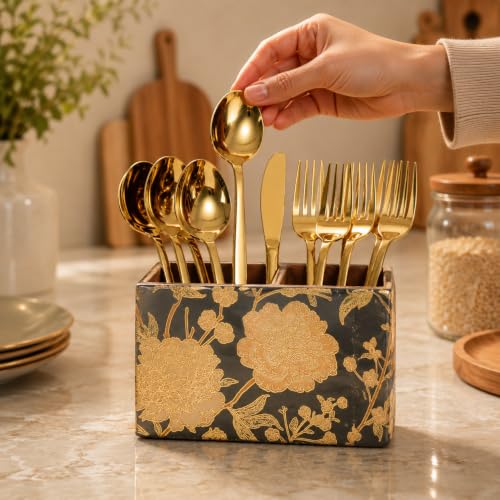Image of Wooden Spoon Holder for Dining Table | 2-Section Cutlery Storage Box | Kitchen Utensil Organizer with Elegant Gold black Pattern | Multipurpose Tabletop Stand | 10 x 16 x 12 cm (Black Design)