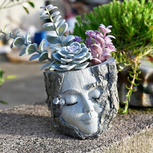 Coyoohouse Stump Girl Resin Succulent Planter - Resin Craft Ornament for Indoor Outdoor Garden Patio Desk Decor - Cute Human Face Sculpture Flower Pot Plants, Ideal Gift for Men Women
