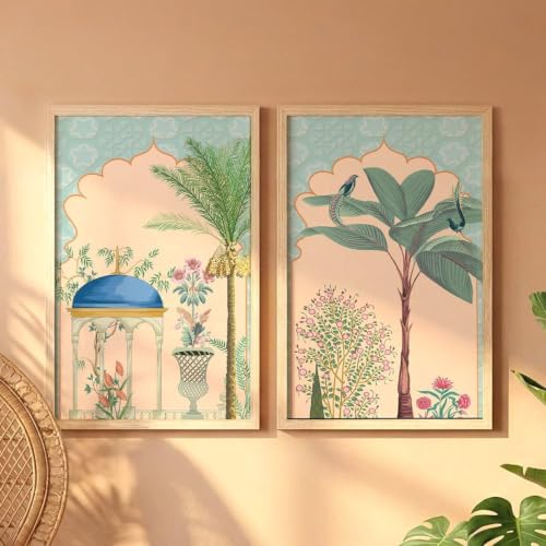 Image of NoWorries Indian Heritage Framed Wall Painting Set of 2, Pastel Blue Peach Green Beige & Natural Wood, Mughal Arch Garden and Peacock Botanical Art Prints for Home Office Decor (Art-4, 21x31inch)