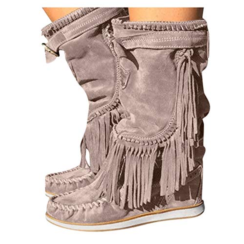Xinantime Botines de Invierno para Mujer de Caña Corta con Flecos Botines Informales de Punta Redonda Roma con Flecos en la Parte Posterior de Las Mujeres Zapatos de Media Pantorrilla