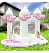 FBSPORT Wit springkasteel voor kinderen, met ventilator, binnen en buiten, springkastelen met glijbaan, grote bal