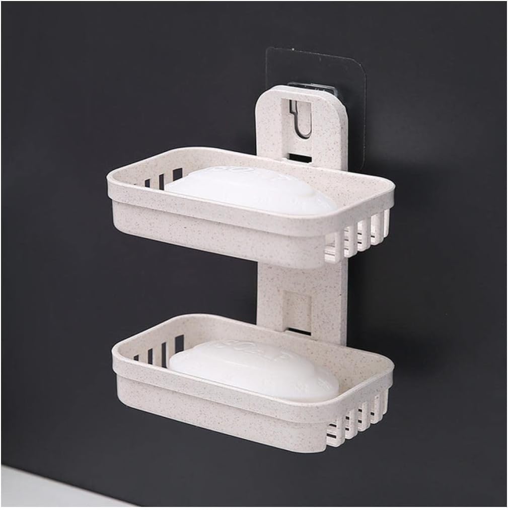 soap dish， Double No Punching Soap Box Sponge Storage Rack Shampoo Bar Holder Self Draining(G)