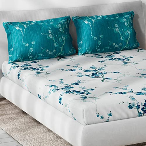 Image of Ddecor Cotton Double Bed Sheet Set with 2 Pillow Covers (229 CM X 274 CM, Turquoise) Digital Print Floral, 144TC GSM