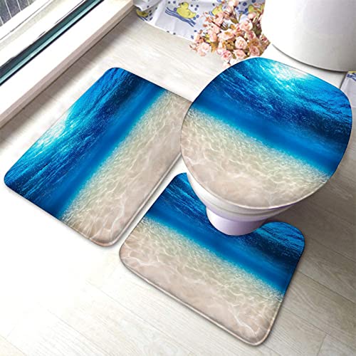 Badezimmerteppich-Set, 3-teilig, Blauer Ozean-Druck, waschbare Badteppiche, rutschfest, mit Rückenpolster, Konturteppich und Toilettendeckelbezug