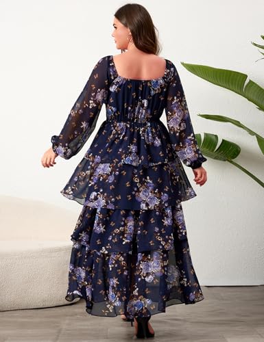 Image of EYWOL Womens Plus Size Floral Tiered Ruffle Long Sleeve Evening Party Wedding Guest Dress