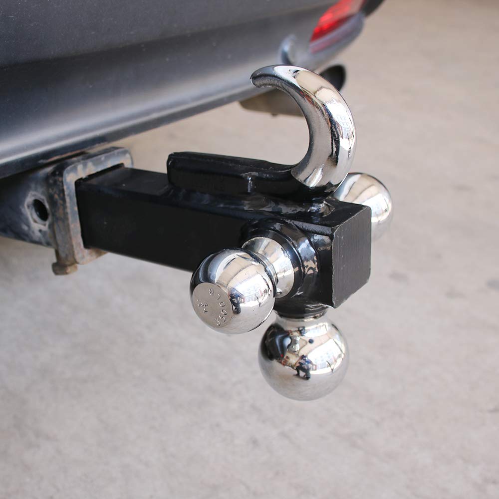 Heavy Duty Solid Shank Tri-Ball Hitch Mount with Hook Triple Ball Hitch Receiver with Hook Solid Shaft 2x2 Inch Solid Tube Trailer Hitch Receiver Triple Ball Hitch Extension with Hook
