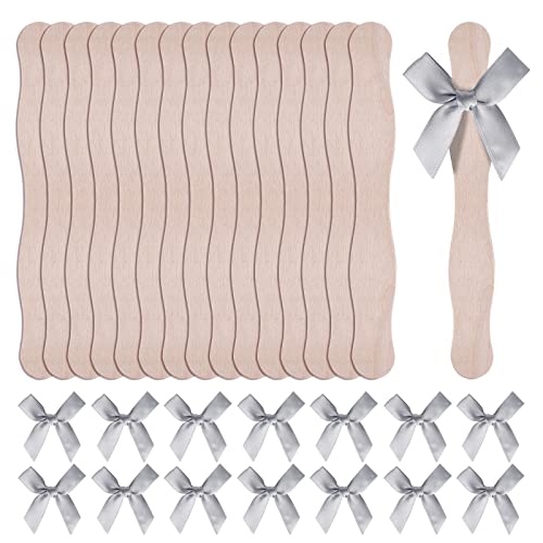 50 Pcs 8 in Wooden Fans Sticks with 50 Pcs Bows Fan Handle Craft Sticks for Wedding,Church Crafting Painting DIY Hand Held Parlor Fans (Silver)