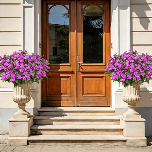 Image of 6 Bundles Artificial Flowers for Outdoors Fake Impatiens, Fuschia | UV resistant, silk flowers, no fade realistic faux plants, outside patio garden porch planters window box balcony home decor