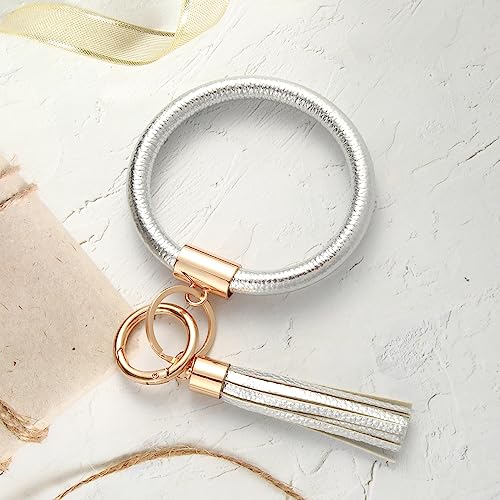 Coolcos Key Ring Bracelets Wristlet Keychain Bangle Keyring - Large Circle Leather Tassel Bracelet Holder For Women Girl(Silver)