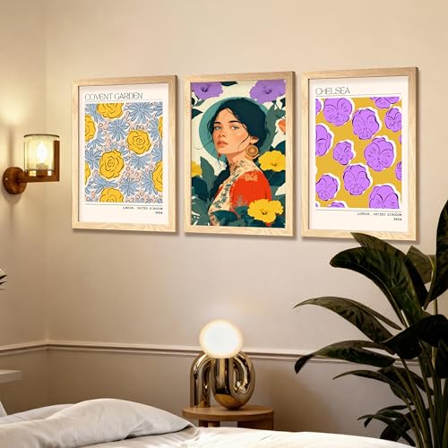 Image of NoWorries Modern Portrait Art & London Floral Wall Frames Paintings | Chelsea & Covent Garden Botanical 300 GSM Premium Prints | Stylish Home Decor for Living Room, Office & Bedroom | Synthetic Wooden Wall Art Frames (Set of-3) (NATURAL, ART-4, 13X19INCHES)