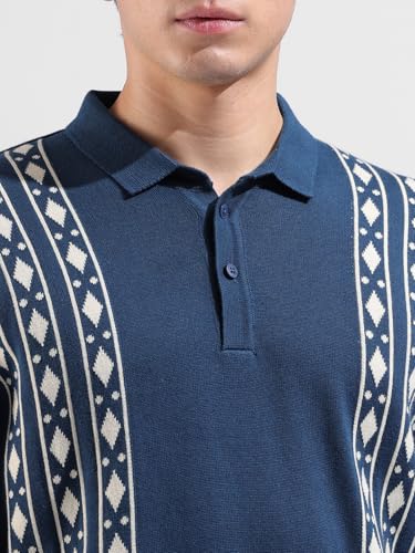 Image of The Indian Garage Co Men Oversized Fit Textured Flatknit Long Sleeve Polo T-Shirt