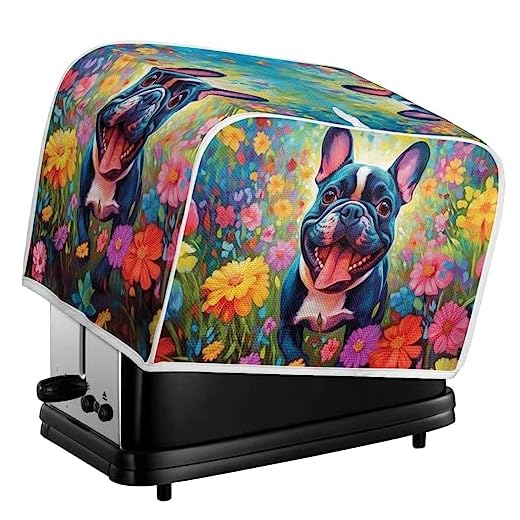 Kuiaobaty Funda con estampado de bulldog francés para tostadora de 2 rebanadas, lindo perro, floral, lavable, para electrodomésticos de cocina, con gancho, protección contra el polvo