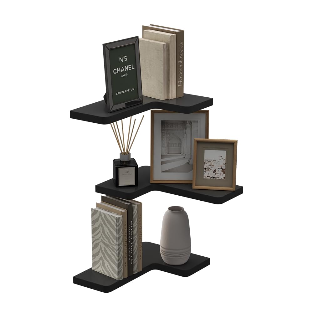Vicco Estantería esquinera Curva, Negro, 40.5 x 2.5 cm Lote de 3, Apto para Montaje en Pared para un Almacenamiento Que Ahorra Espacio