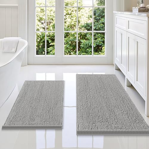 Image of Smiry Bathroom Rugs Sets 2 Piece, Soft Absorbent Chenille Machine Washable Non Slip Shaggy Bath Rug Set for Tub, Shower, and Floor (36x24+30x20, Light Grey)