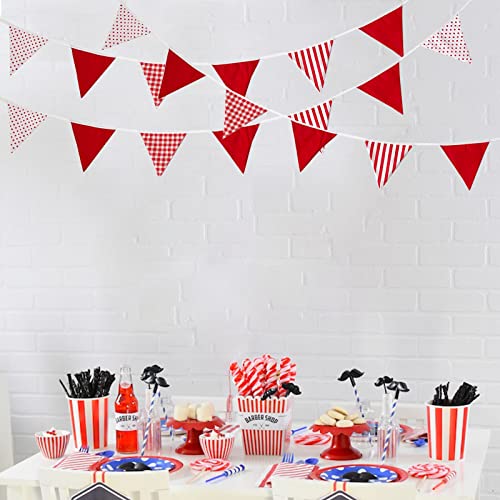 Image of Zwiebeco 32Ft Red White Plaid Stripe Dot Fabric Bunting Banner Triangle Flags Cotton Garland Pennant for Birthday Wedding Engagement Carnival Party Classroom Nursery Home Outdoor Garden Decorations