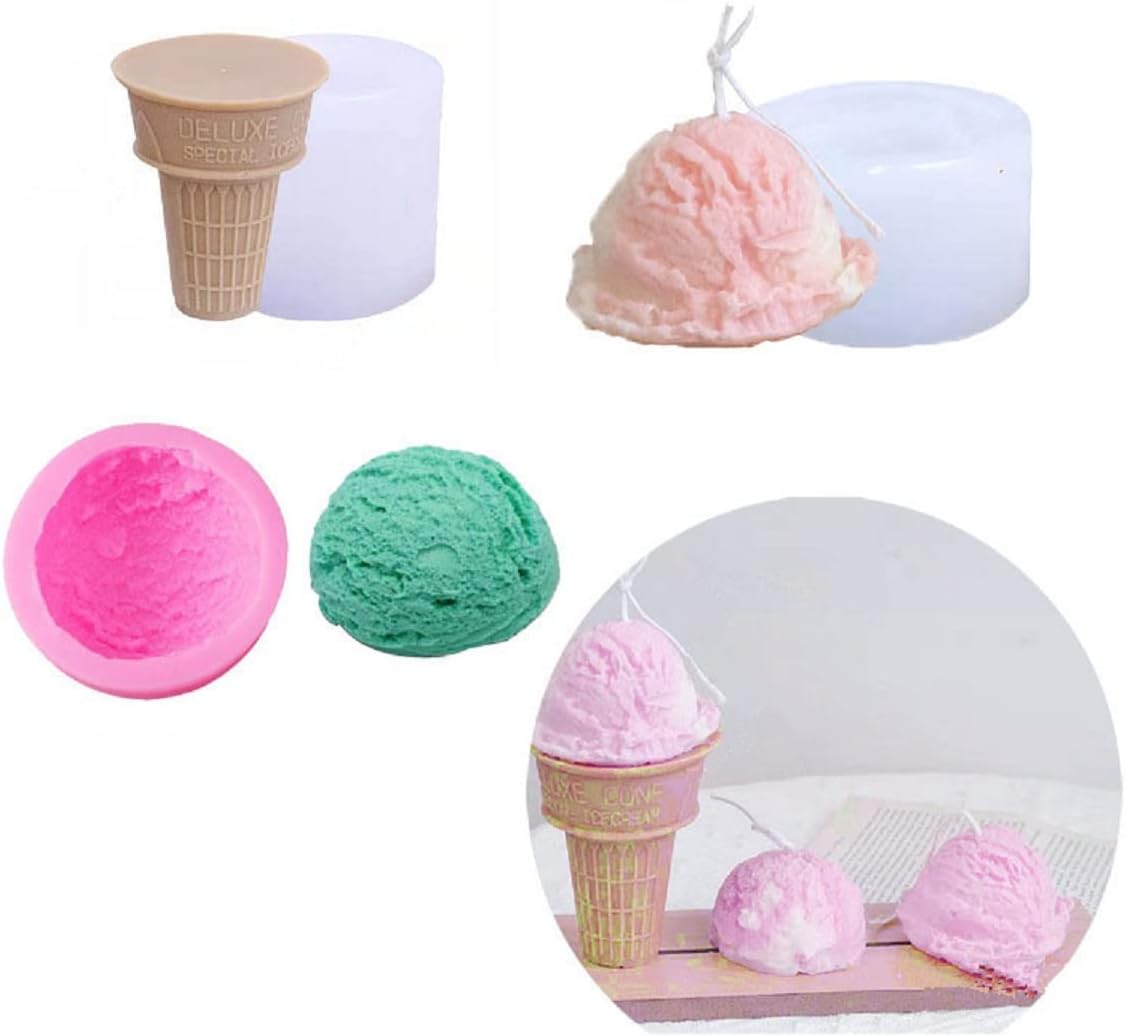 Xidmold 3 Pcs Ice Cream Cone Silicone Fondant Mould, Clay Soap, Candle Making Moulds, Cake Baking Mould, Silicone 3D Ice Cream Ball Cookie Pastry Mold for Chocolate Dessert Pudding Mousse Decor
