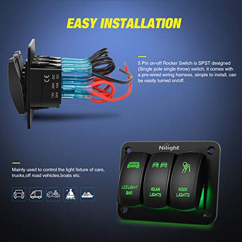 Nilight 3 Gang Rocker Switch Panel Aluminum 5 Pin On Off Toggle Switch Panel Led Light Bar Switch Spst 12V-24V Green Switches For Marine Boats,Cars,Atvs,Utvs,2 Years Warranty #TOP2