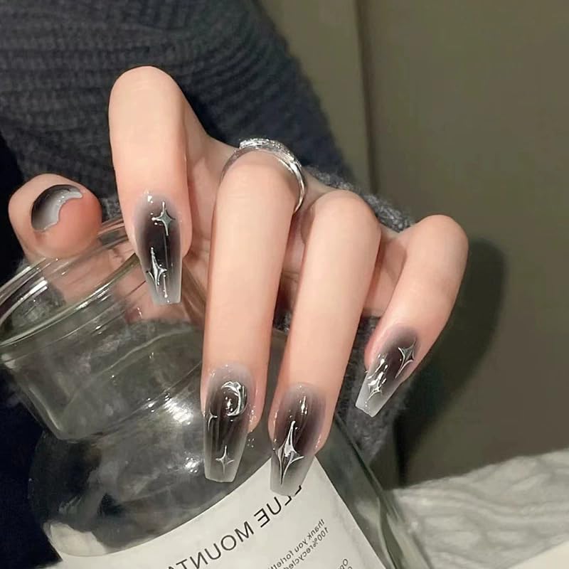 24Pcs Grey Black Press on Nails Medium Length Square Coffin Fake Nails with Moon Star Design White Silver Blush Full Cove Glossy Glue on Nails
