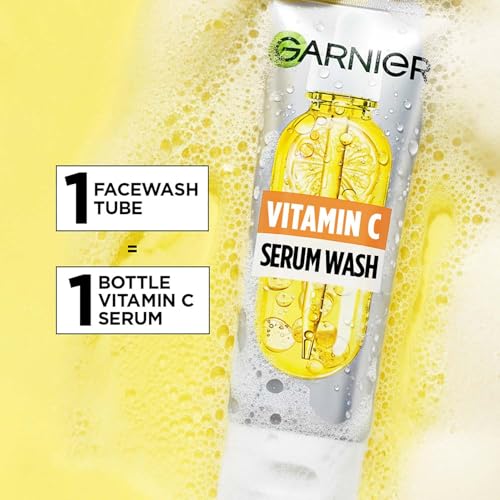 Image of Garnier Vitamin C + Serum Face Wash | Visibly Brighter Skin in Just 1 Wash | Gentle cleanser for Skin Brightening & Tan Removal | For dry, oily, sensitive skin | Facewash for Women & Men | 100gm