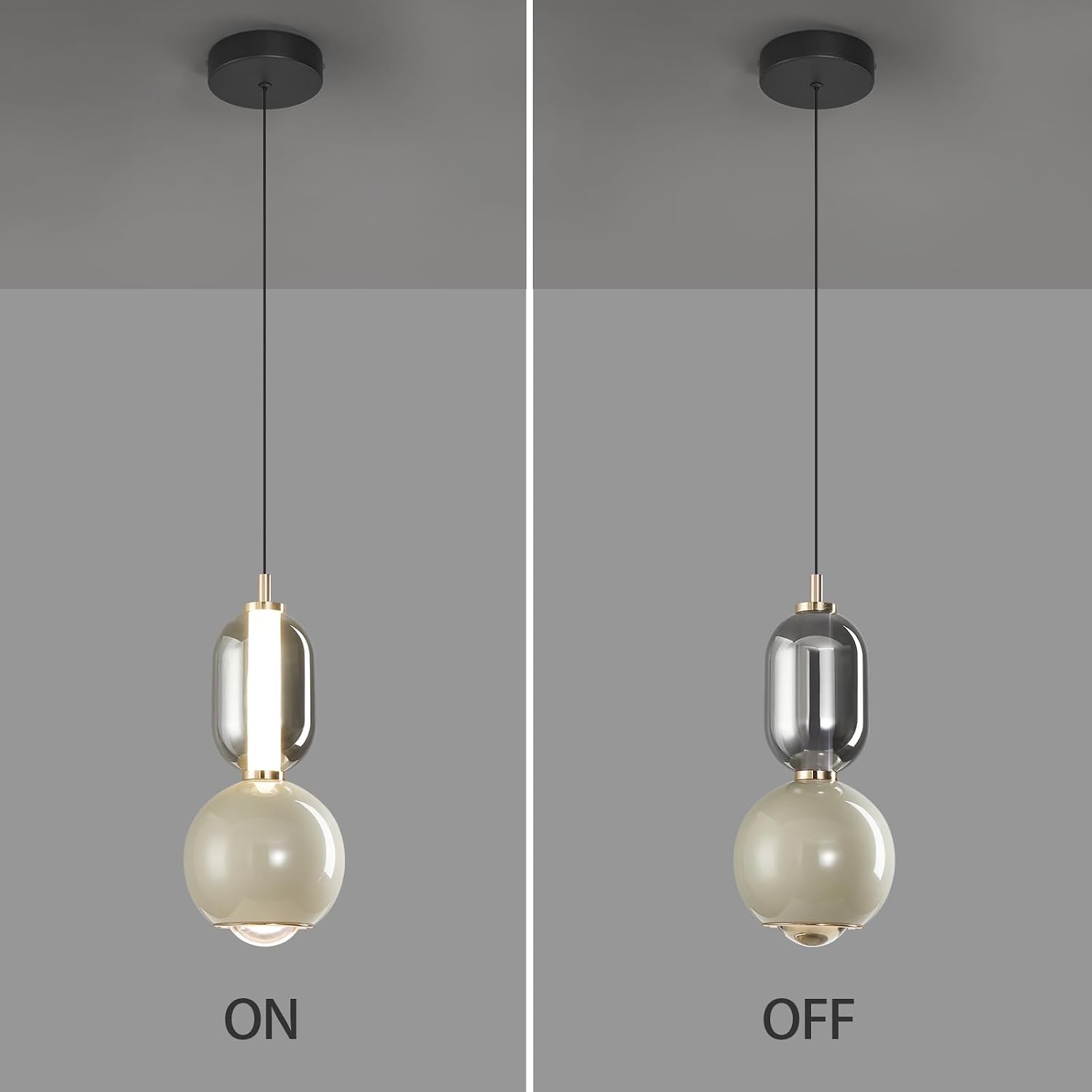 Modern Glass Pendant Light, Griege Pendant Lighting LED Dimmable, Adjustable Pendant Lights Kitchen Island Dinning Room,Bedroom,Bar, Kitchen Island Ceiling Hanging Light Fixtures(1-Pack)