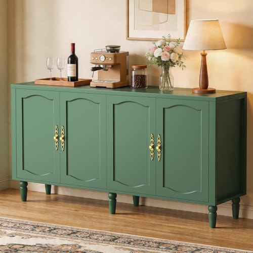 fineway 63 Sideboard Buffet Cabinet Mid Century Modern Credenza Storage Cabinet with Carved Handle & Adjustable Shelves Buffet Table Kitchen Coffee Bar for Living Room Dining Room - Green