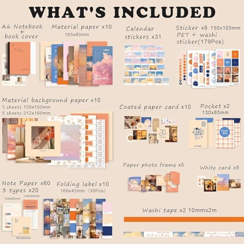 Image of VIBE VISTA Vintage Aesthetic Scrapbook Kit, 346 Pcs, A6 Grid Notebook, Washi, Envelopes, Scrapbook Papers, Folding Labels, Background Papers, Photo Frames, Calendar Stickers, Stickers (Sunset)