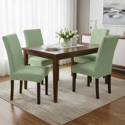 Image of House of Quirk Elegant Jacquard Chair Cover - 220 GSM Stretch Fabric, Universal Fit, Washable Short Dining Seat Protector Slipcover (Green, Pack of 2)